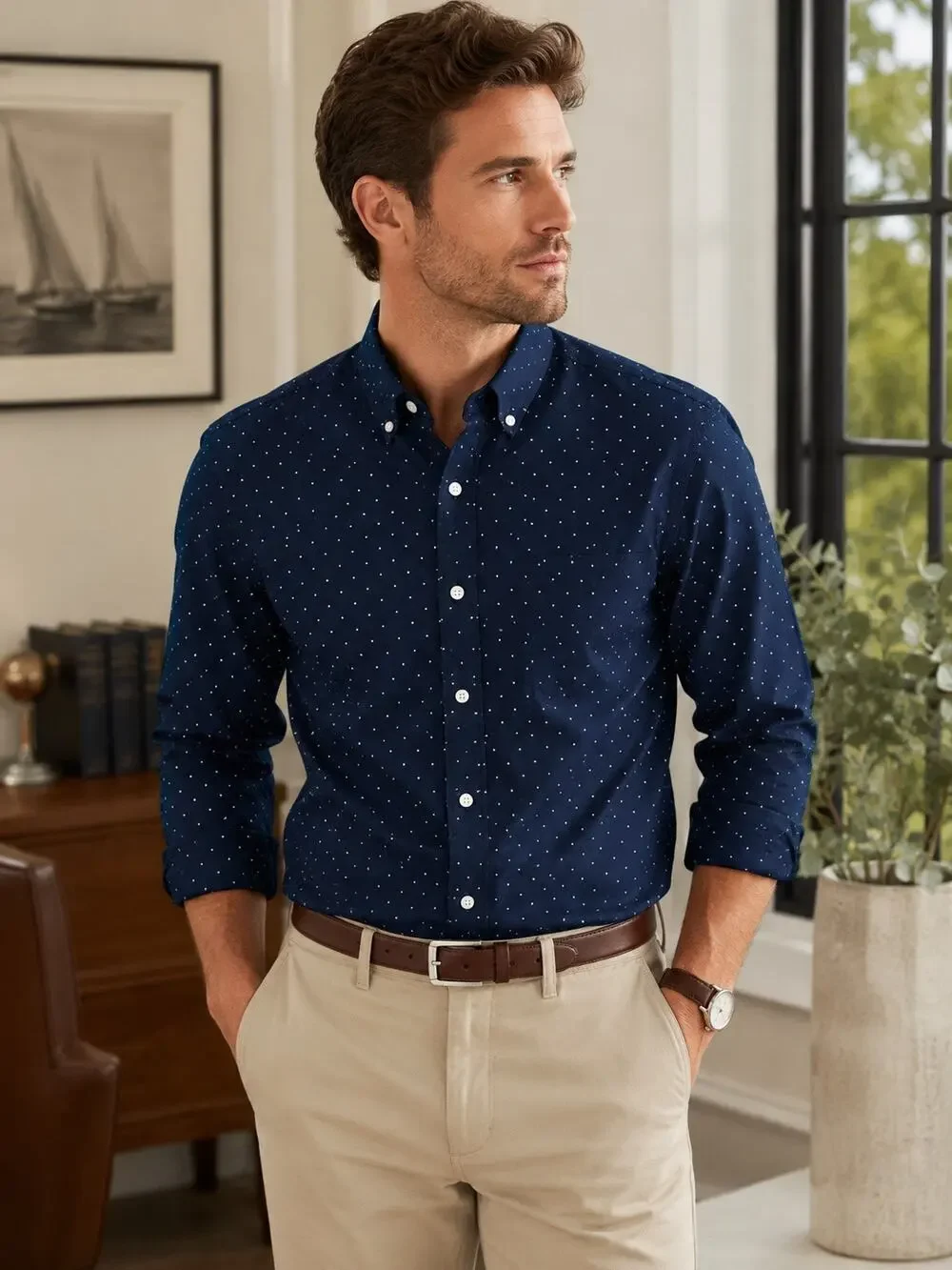 Banana Republic Camden Fit Polka Dot Button Down Shirt M Blue 100% Cotton Casual